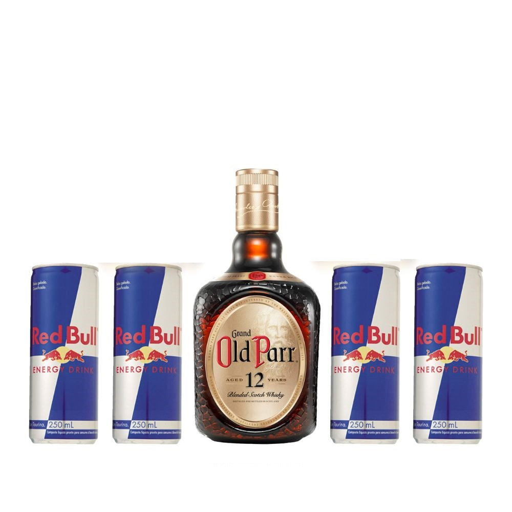 Kit – Whisky Old Parr 12 anos 1L + 04 Red Bull 250ml Brinde